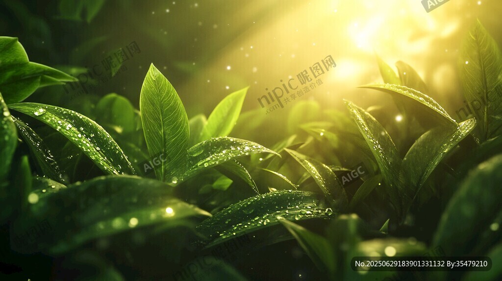 清晨露珠閃耀的翠綠葉片