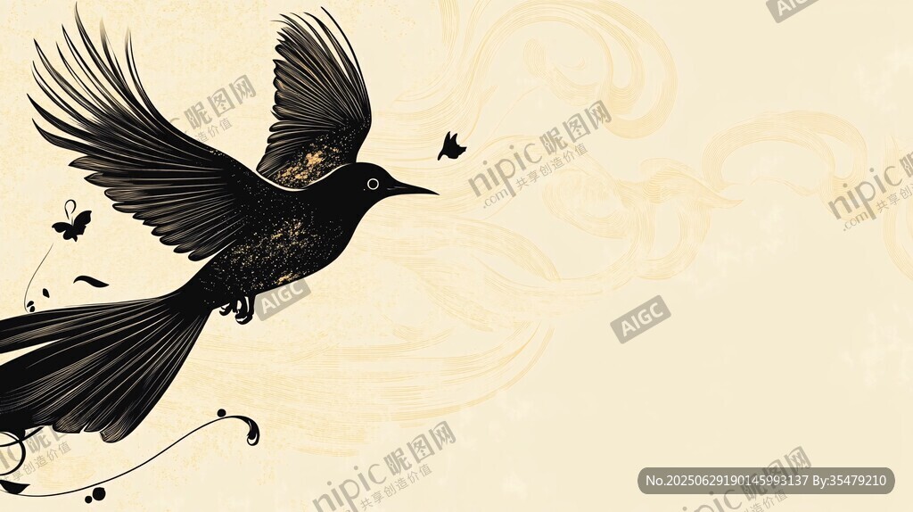 飛翔的黑羽鳥(niǎo)與蝴蝶點(diǎn)綴