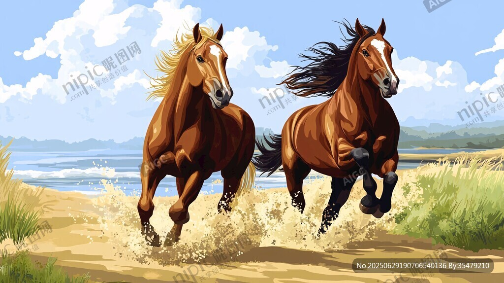 海灘雙馬奔騰圖