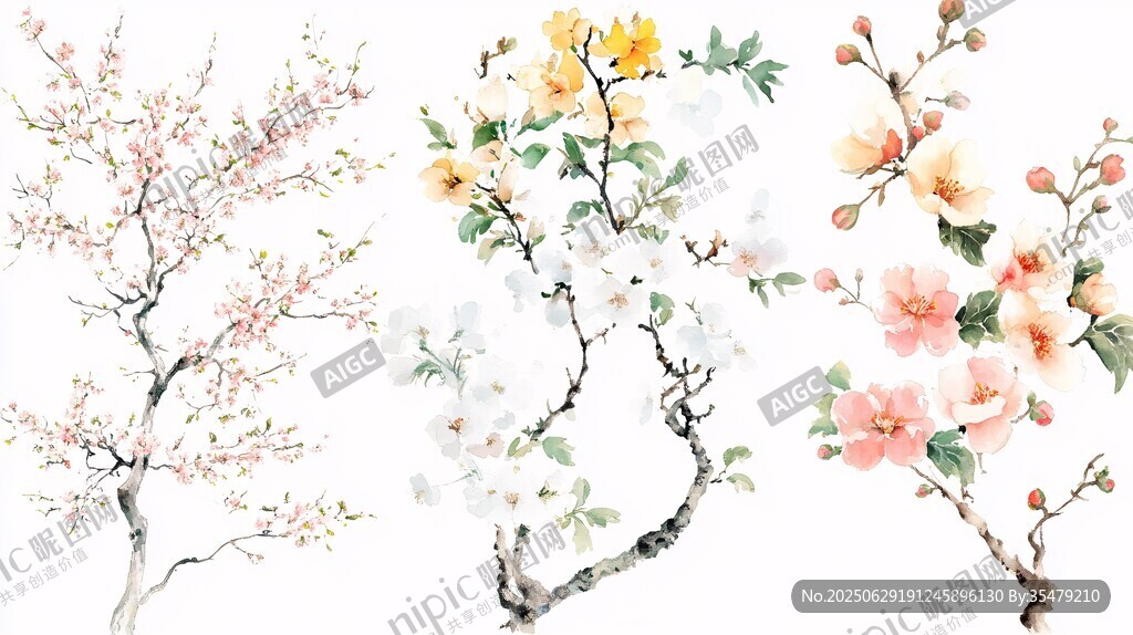 水墨風(fēng)花卉樹枝插畫