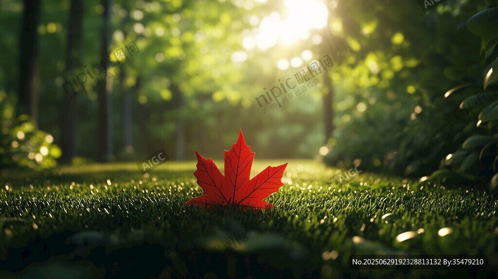 林間紅楓 陽光灑落綠意間