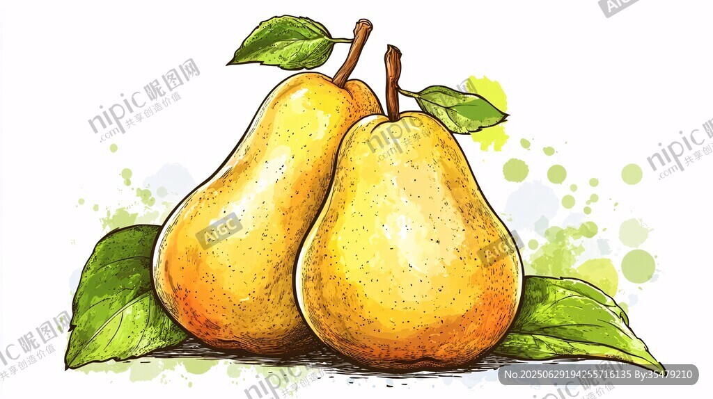 兩個黃梨帶綠葉插畫