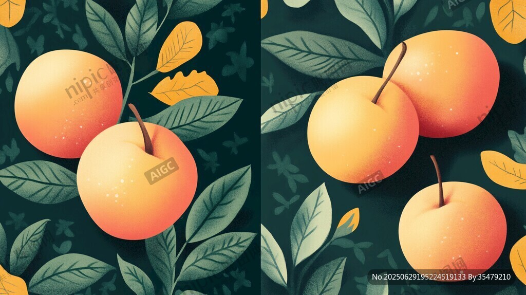 橙色蘋果與綠葉插畫圖案