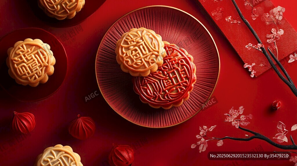 喜慶紅背景下的傳統(tǒng)美味月餅