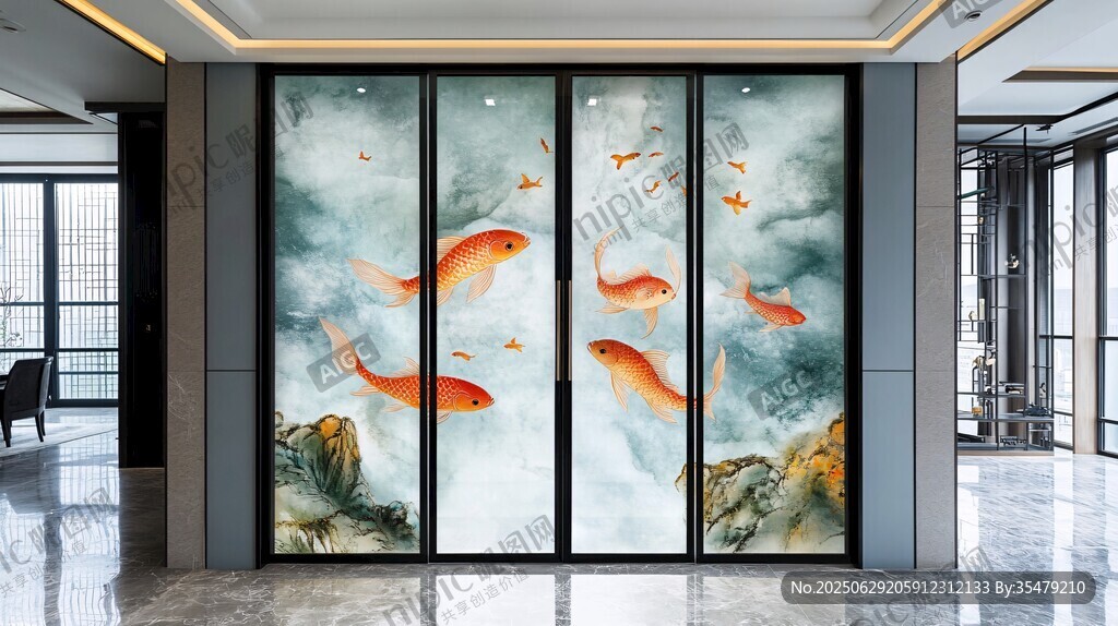 中式玄關(guān)九魚圖藝術(shù)裝飾