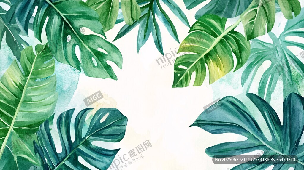 熱帶綠葉邊框水彩背景圖