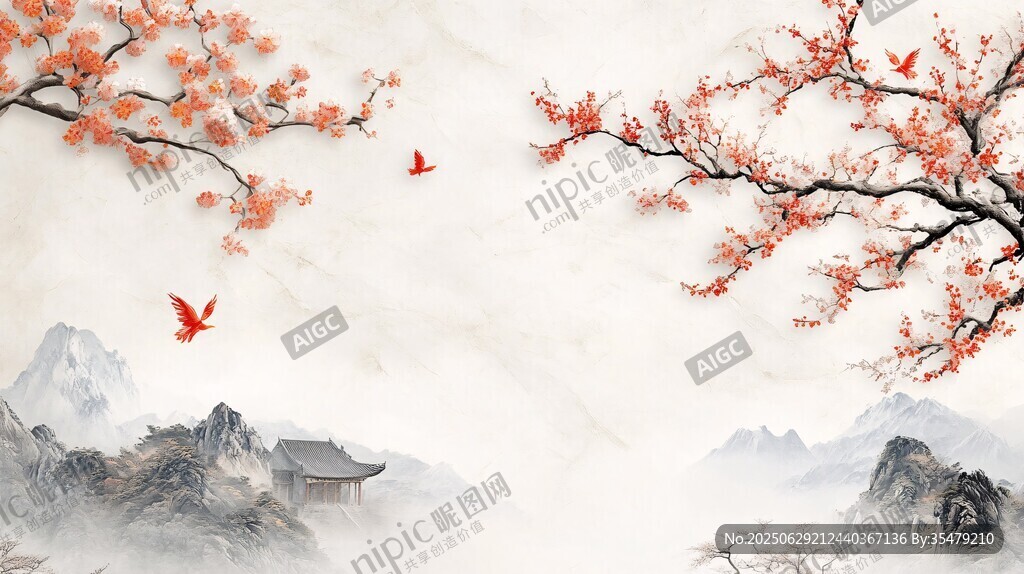 中式山水花鳥詩(shī)意背景圖