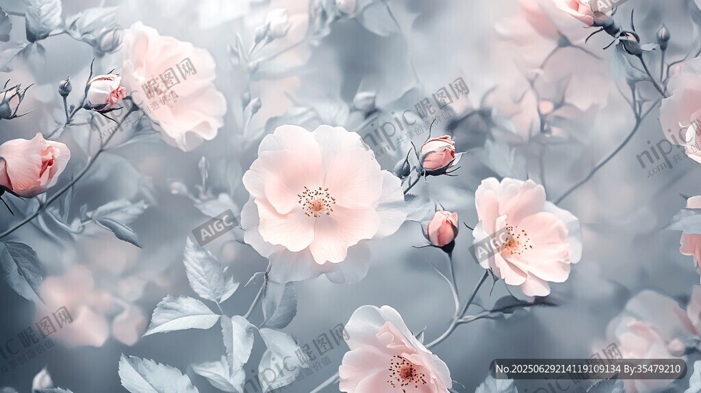 夢幻粉薔薇花卉圖景