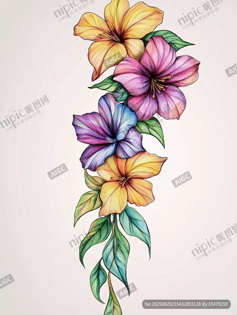 多彩花卉垂直圖案插畫