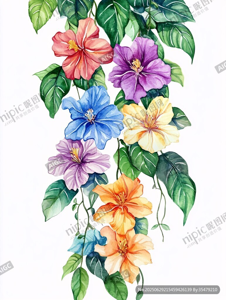繽紛垂吊花卉水彩插畫