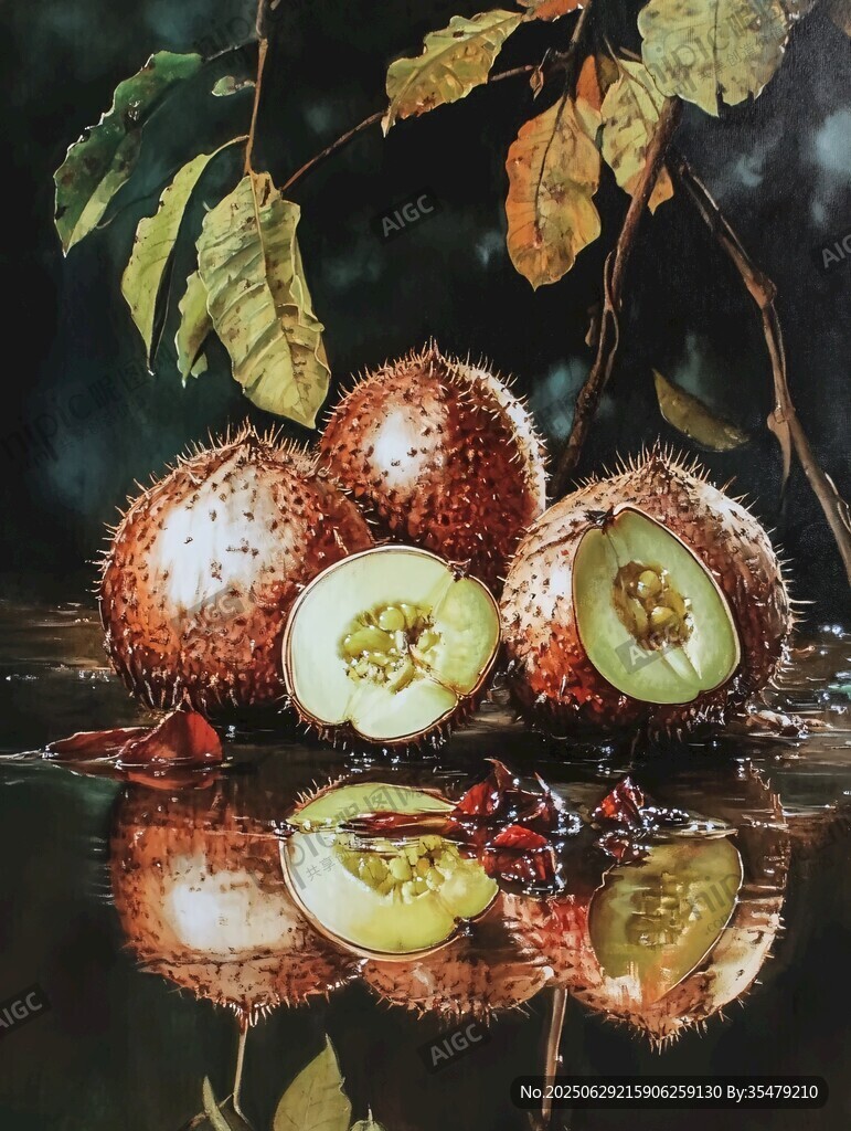 油畫中的紅毛丹與落葉