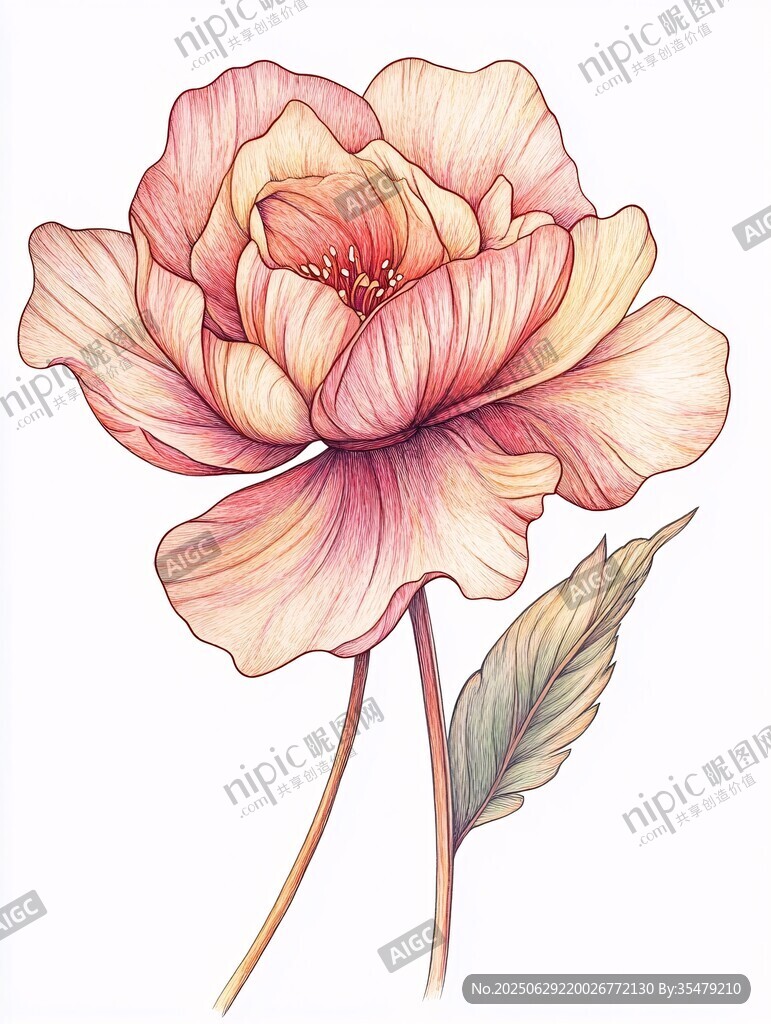 手繪柔美粉色牡丹花插畫
