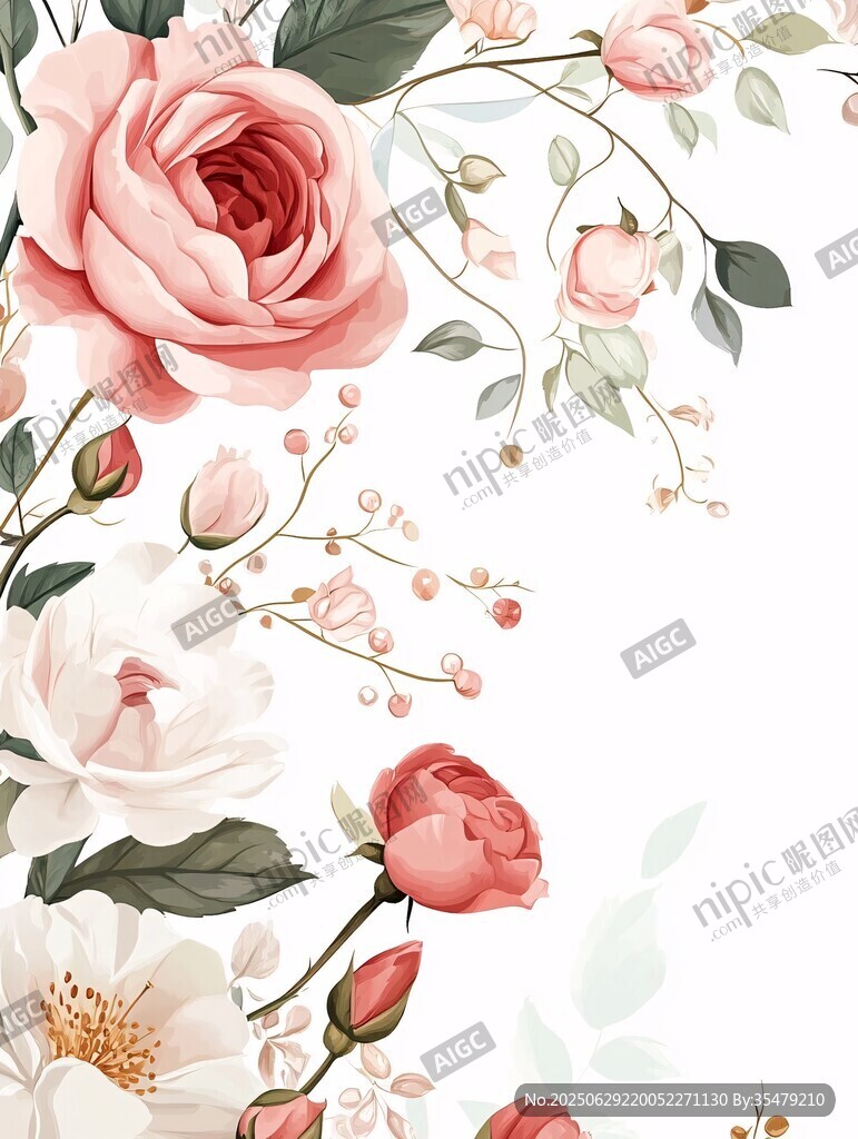 粉色花卉浪漫邊框插畫
