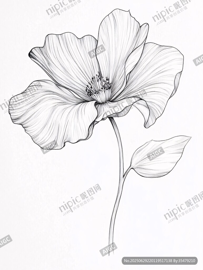 黑白線描單朵花卉圖案