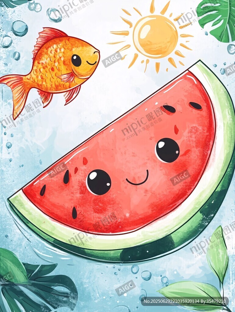 夏日金魚與西瓜歡樂插畫