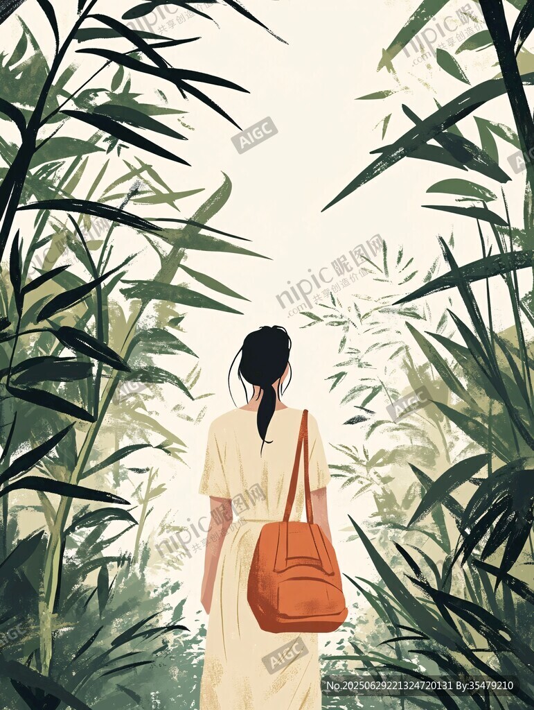 女子漫步于蔥郁竹林間