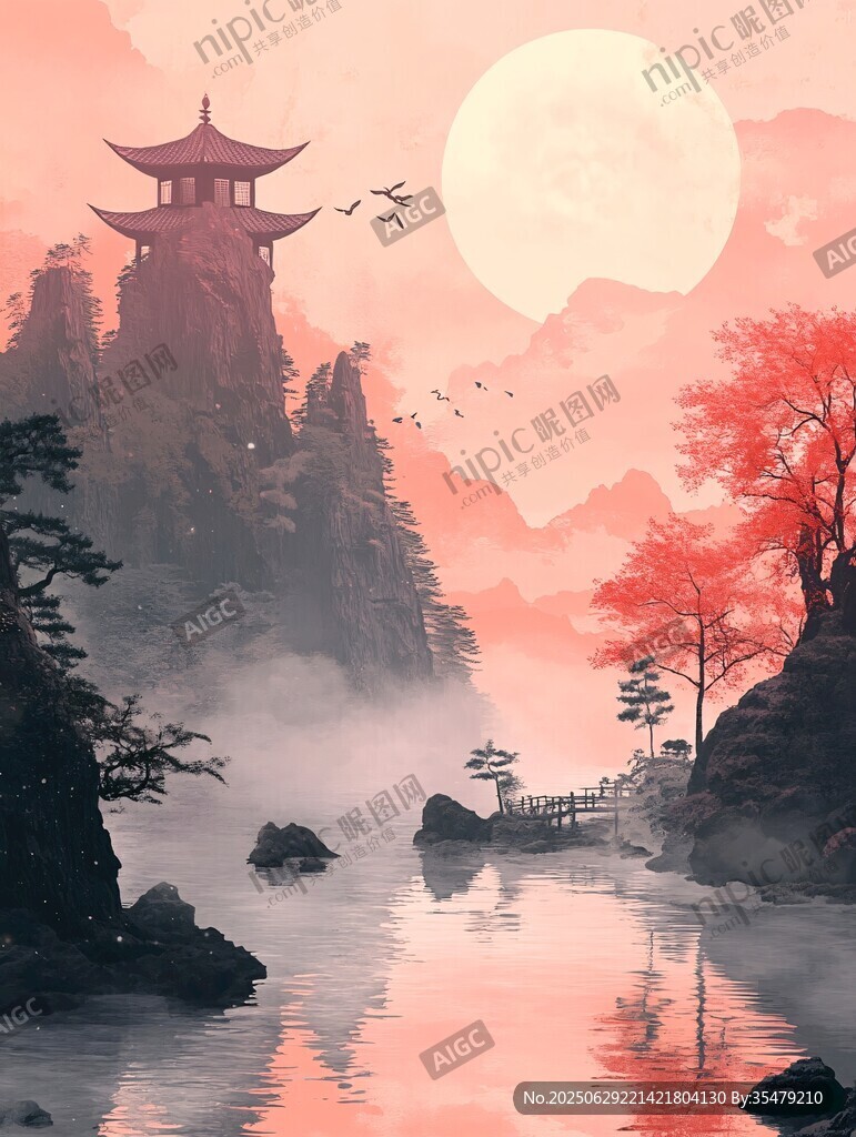 月下山水間的中式詩意景致