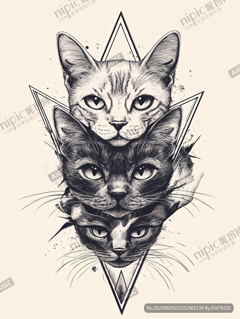 三只貓咪的幾何圖案插畫