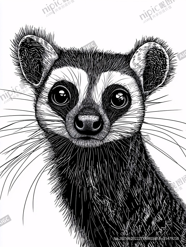可愛鼬類動物黑白素描圖