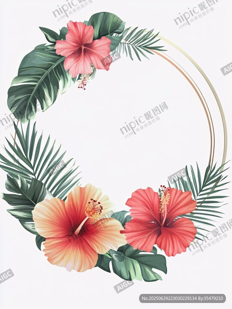 熱帶花卉環(huán)繞圓形裝飾圖案