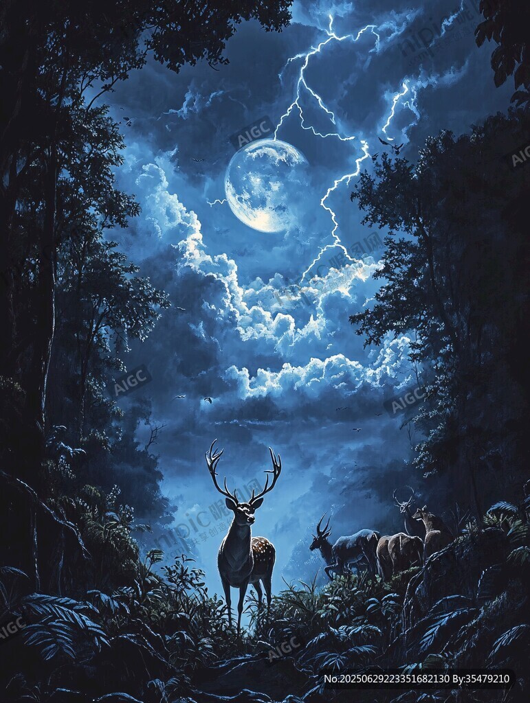 月夜雷電下的森林鹿群