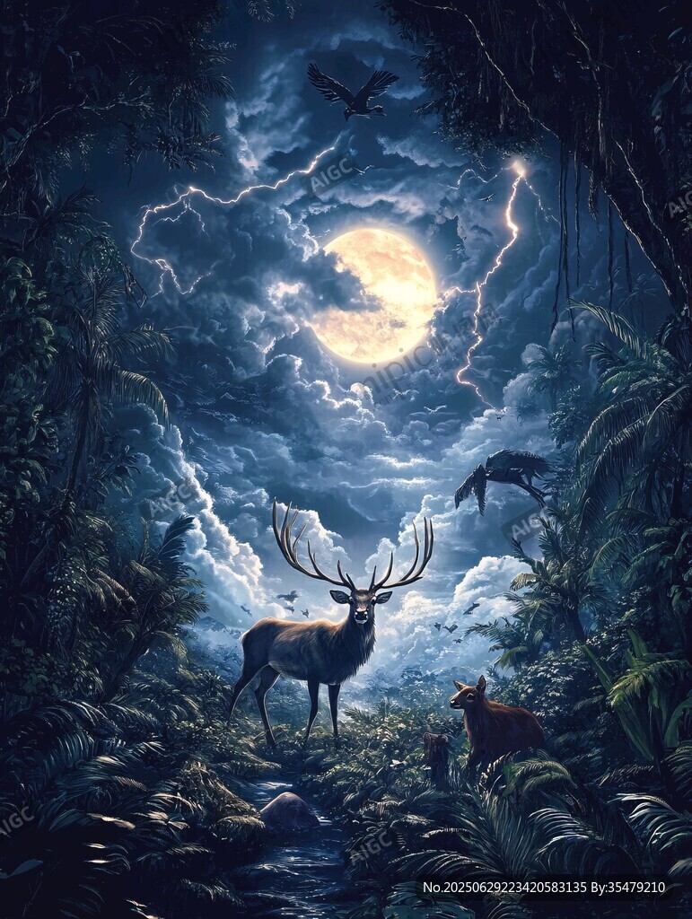 月夜森林中的神秘鹿群