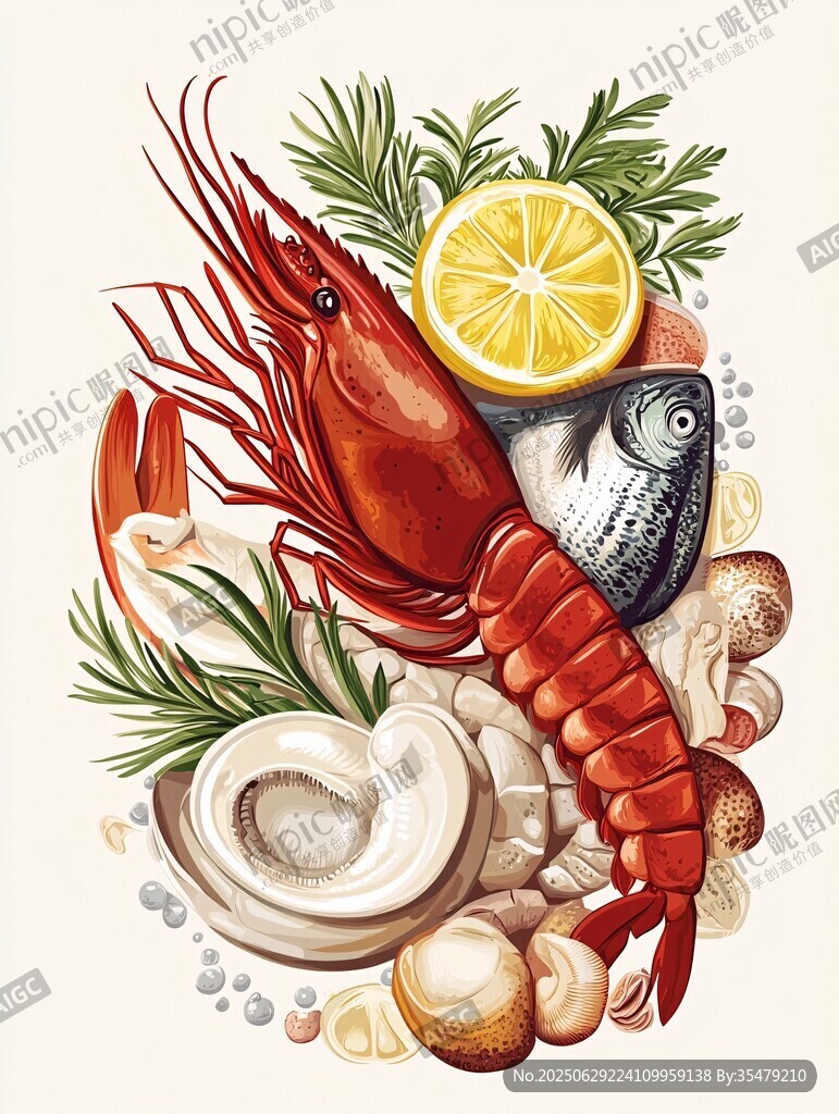 新鮮海鮮組合插畫