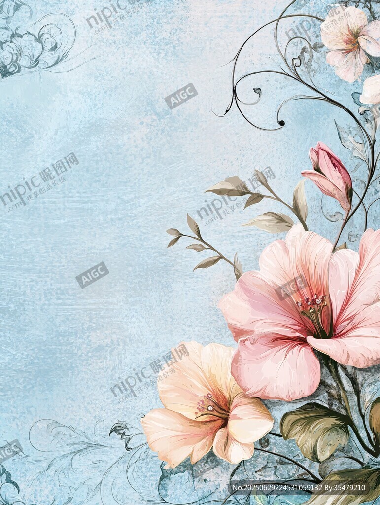 淡藍背景上的柔美花卉圖案