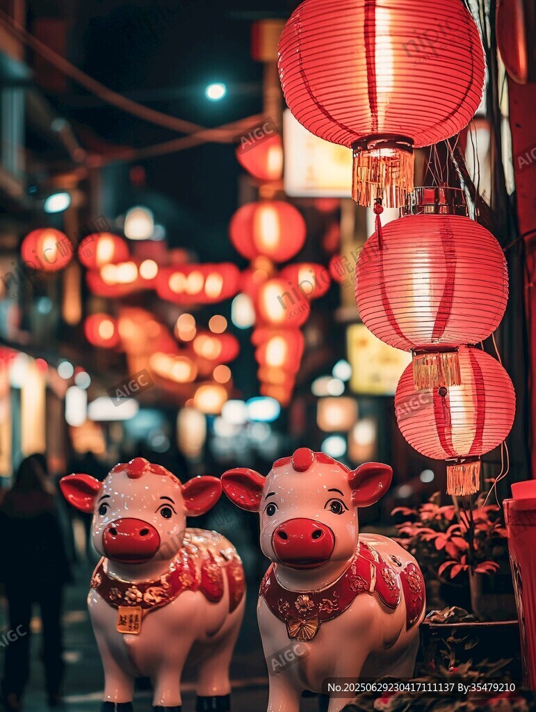 紅燈籠下的可愛小牛擺件