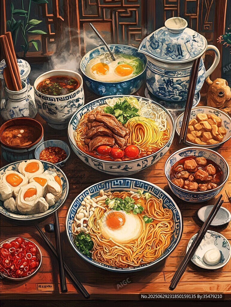 中式面食盛宴擺桌畫面