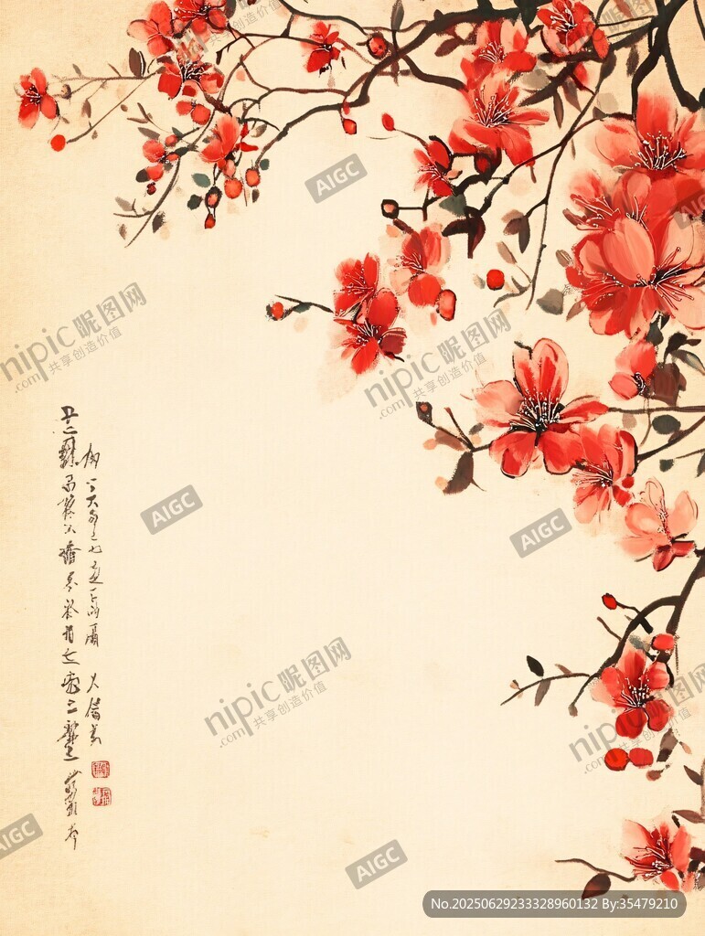 中式紅梅圖 古典雅致之美