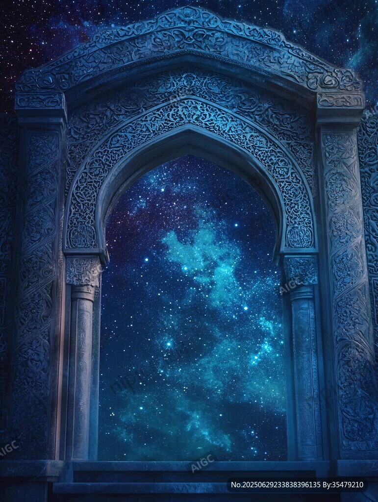 夢幻星空透過古老石拱門