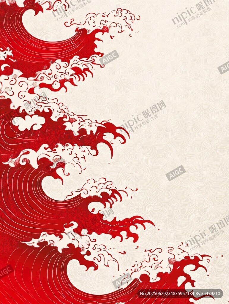 中式紅色海浪紋理背景圖