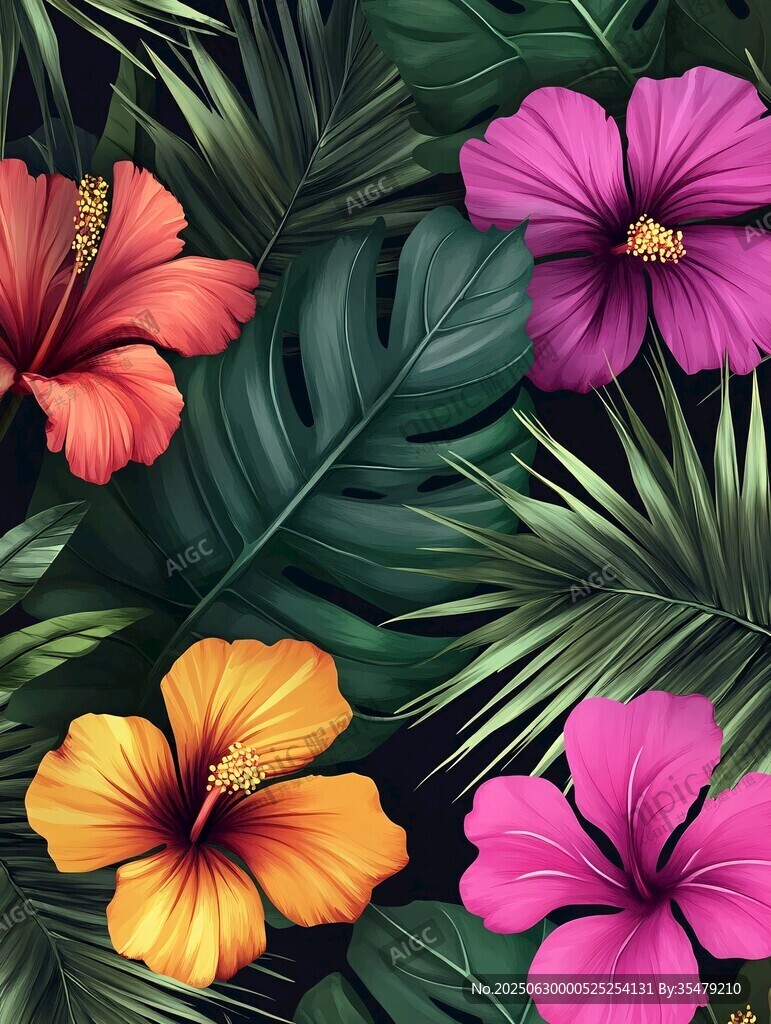 熱帶花卉與綠葉精美插畫