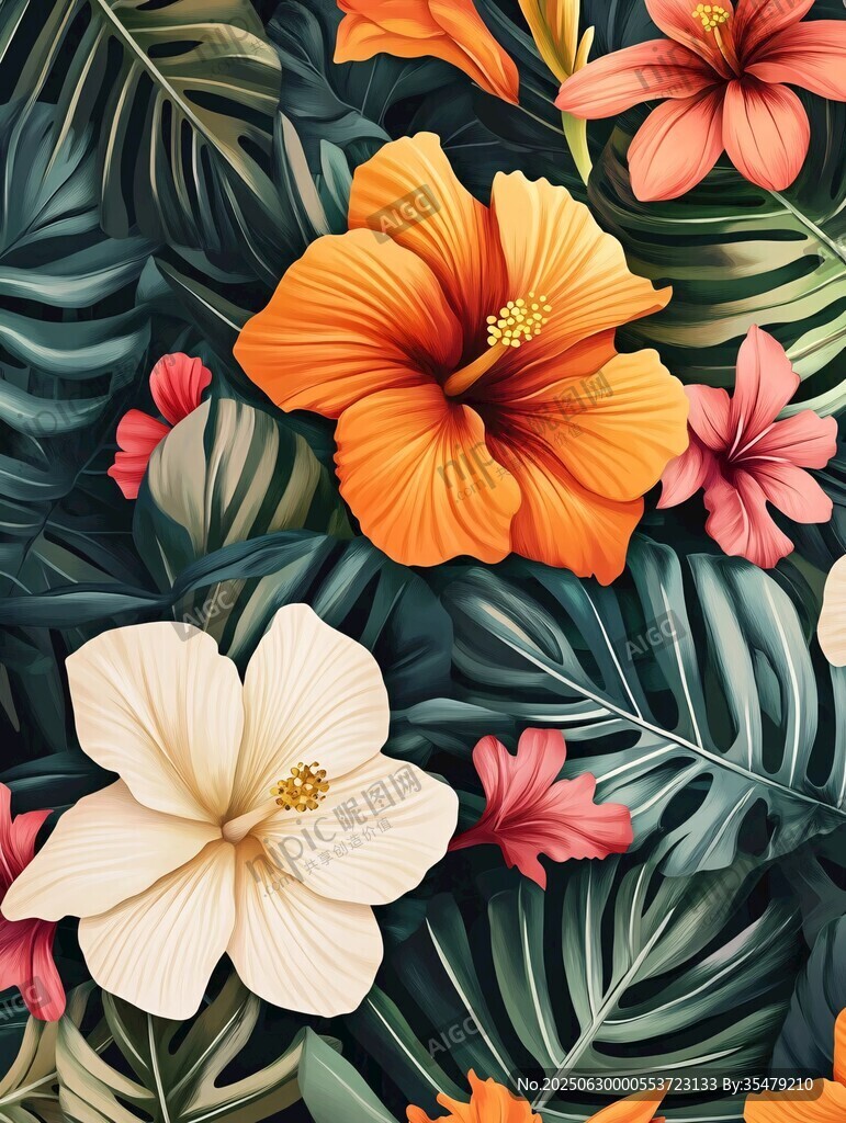 熱帶花卉與綠葉精美圖案