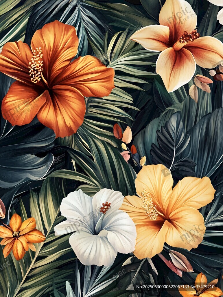 熱帶花卉與綠葉圖案