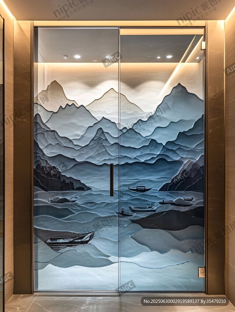 中式山水玻璃門藝術景致