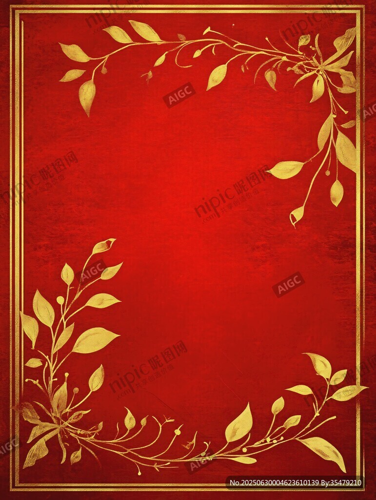 紅色背景金色枝葉裝飾圖