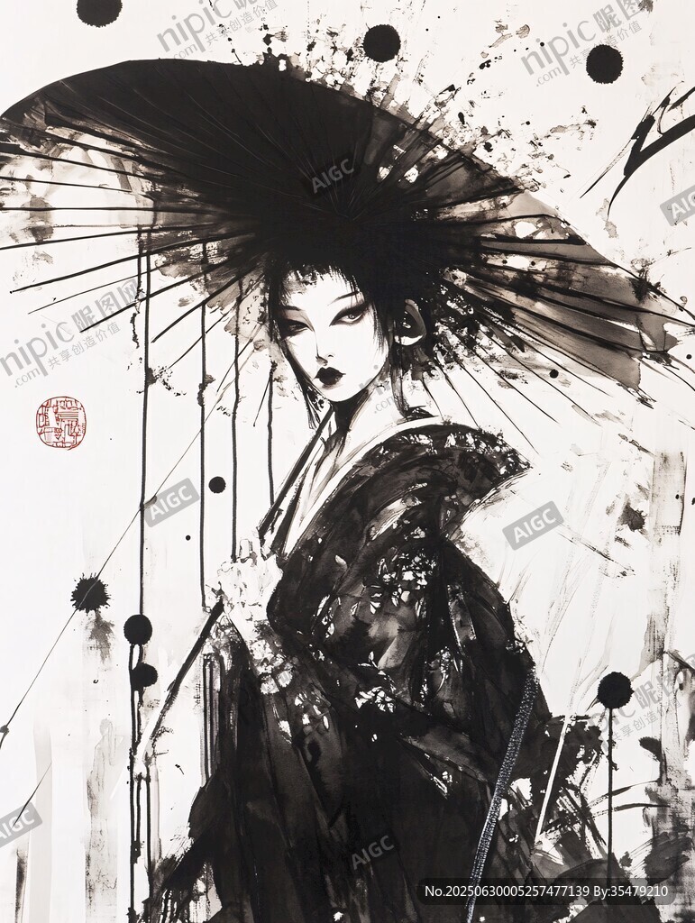水墨風(fēng)持傘和服女子