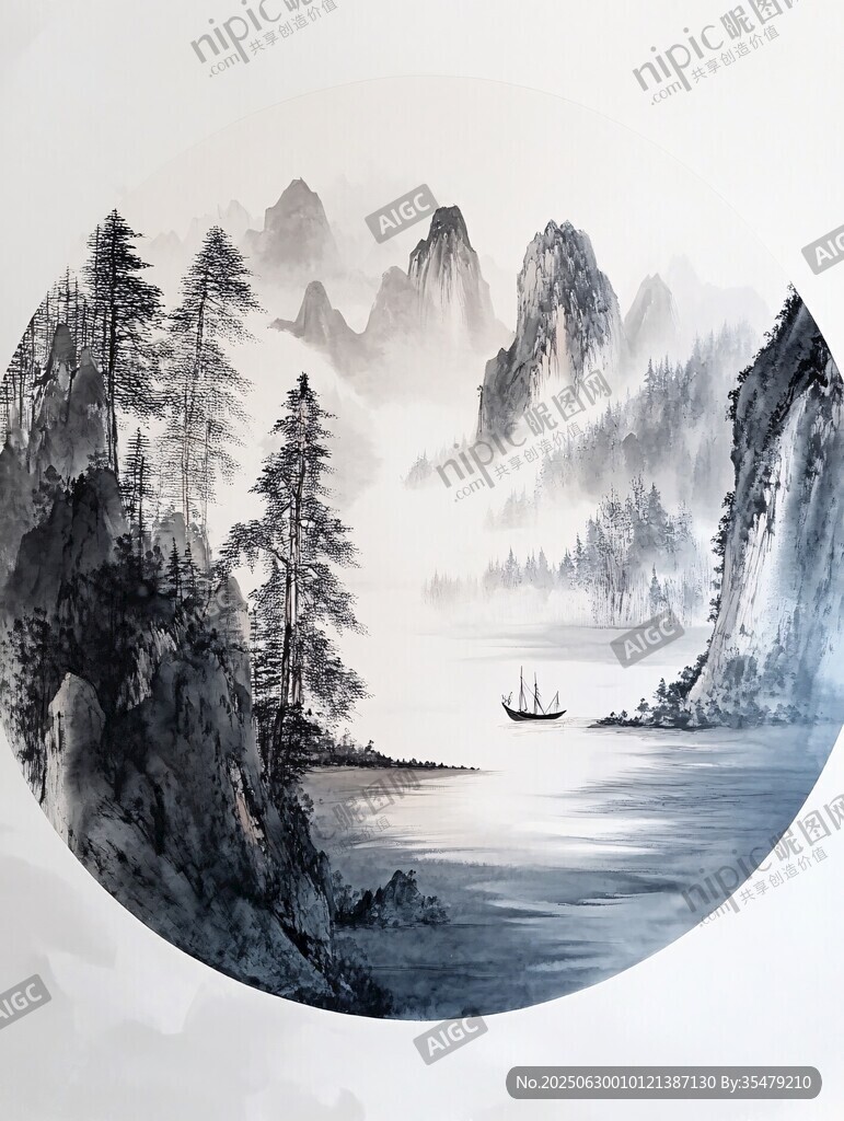 水墨山水間孤舟意境圖