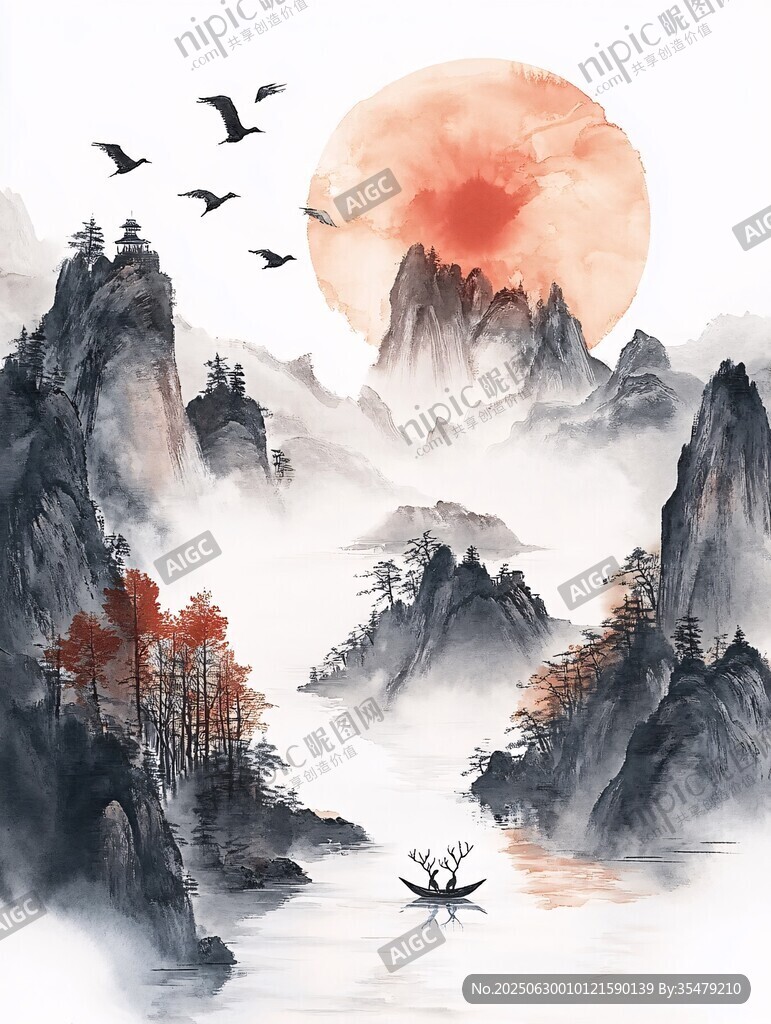 水墨山水間的孤舟落日景