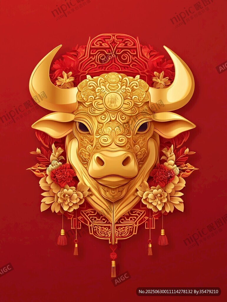 金色牛首賀歲圖