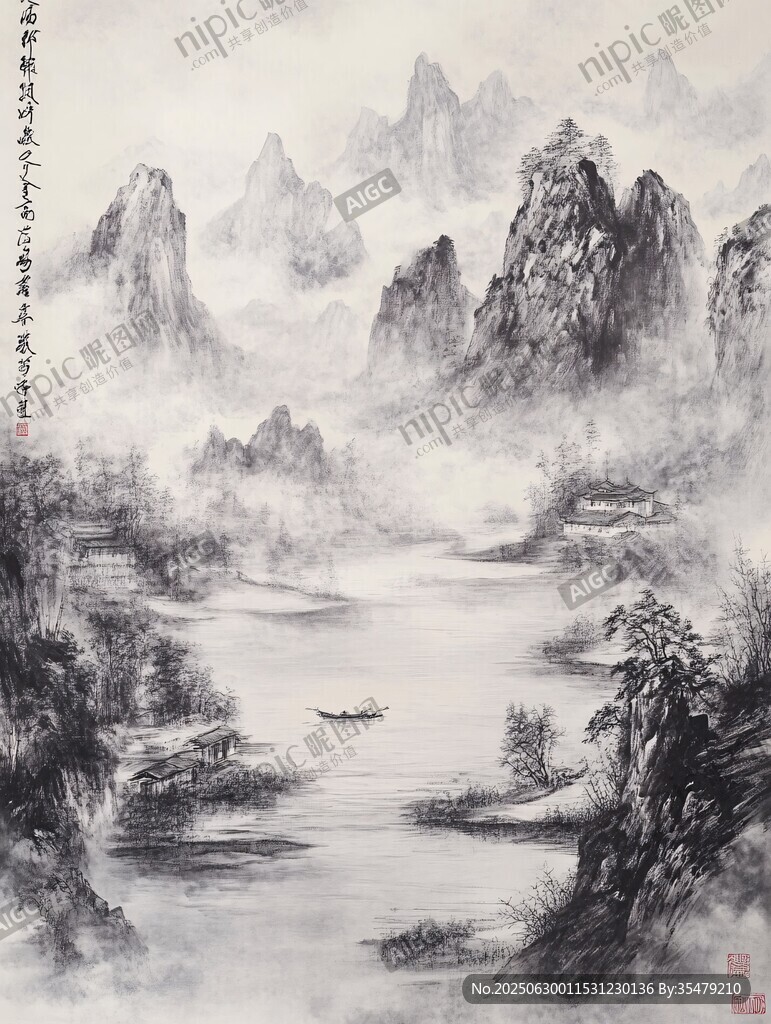 水墨山水間 孤舟泛江景