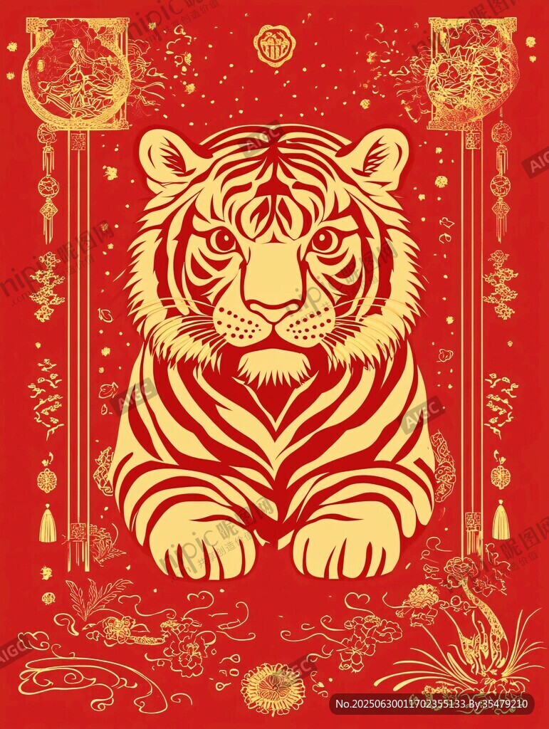 金虎賀歲喜慶中式插畫(huà)