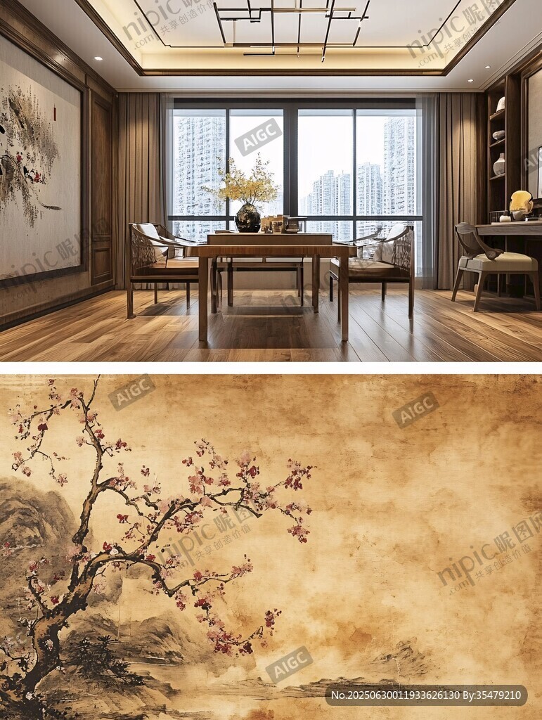 中式雅致餐廳與古典花卉圖