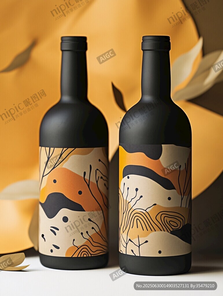 創(chuàng)意圖案裝飾的黑色葡萄酒瓶