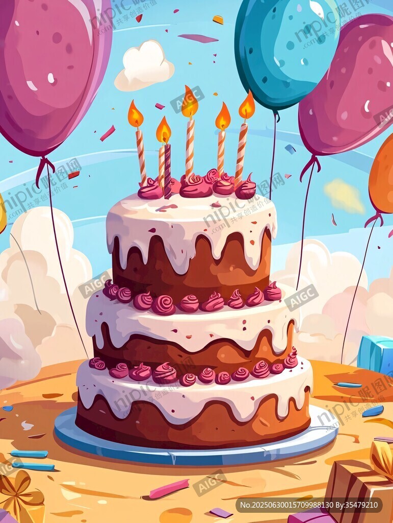 歡樂生日蛋糕與繽紛氣球