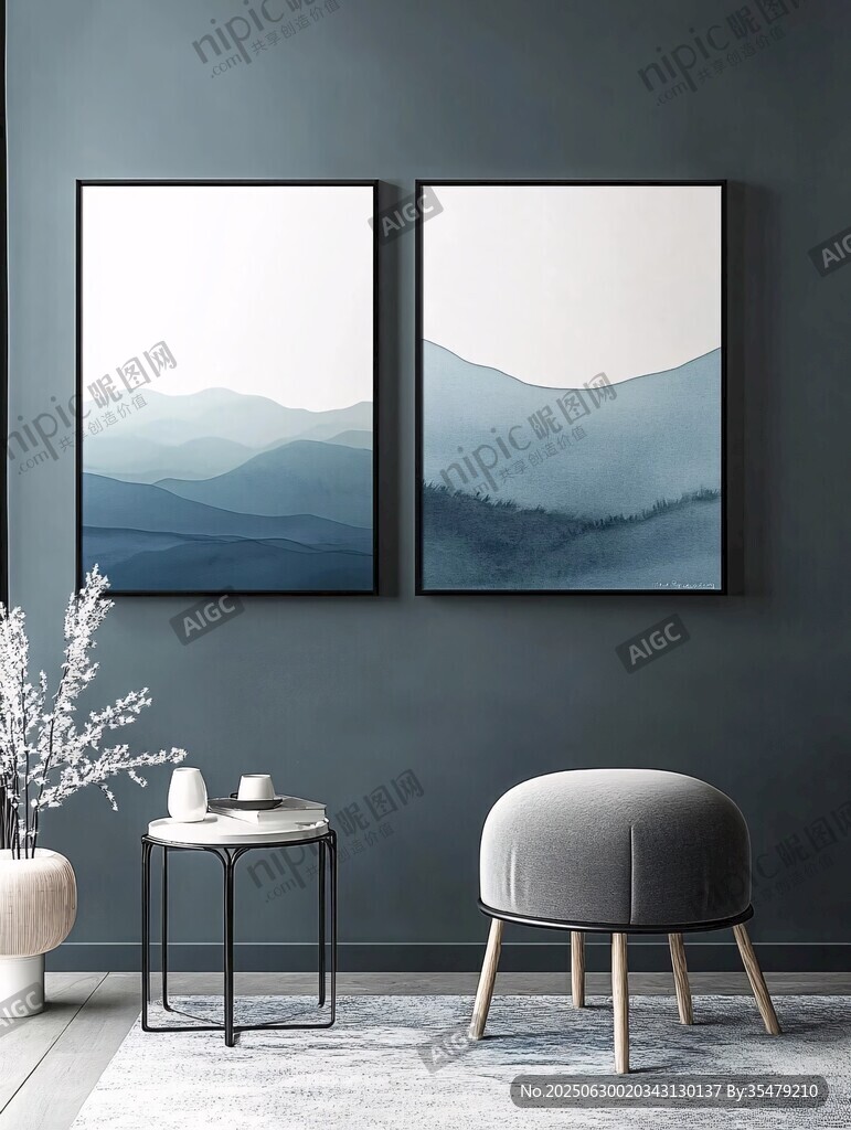 簡約客廳的雙幅山水掛畫