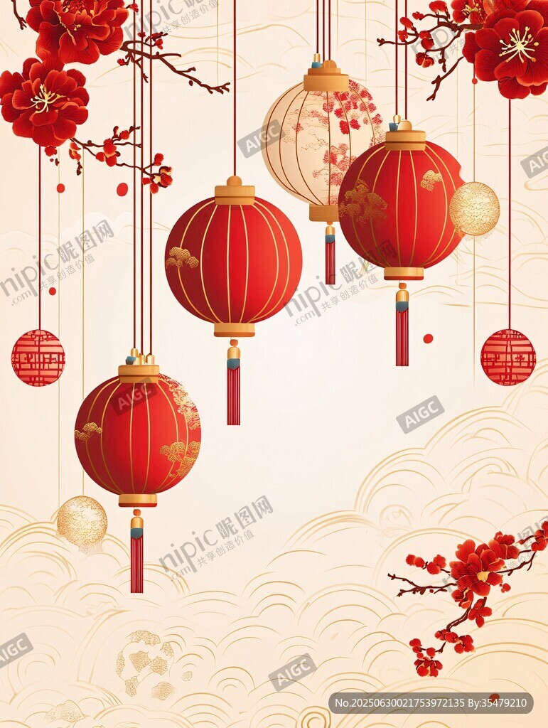 喜慶中式燈籠與紅梅裝飾
