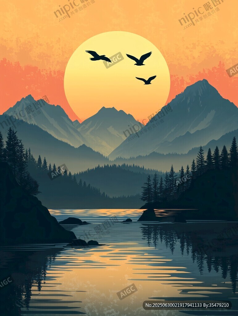 落日群山飛鳥靜謐湖景圖